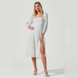 Astr SQUARE NECK FLORAL CUTOUT MIDI DRESS